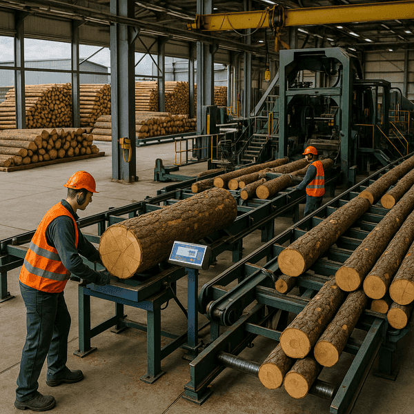 Modern sawmill operation with log sorting and processing equipment