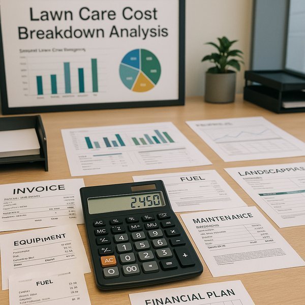 Modern lawn mowing cost calculator interface with input fields and calculation features