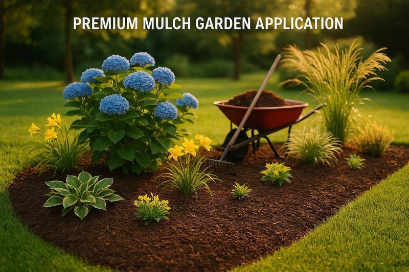 Professional mulch application showing proper coverage in residential landscape with mature plantings and clean edges