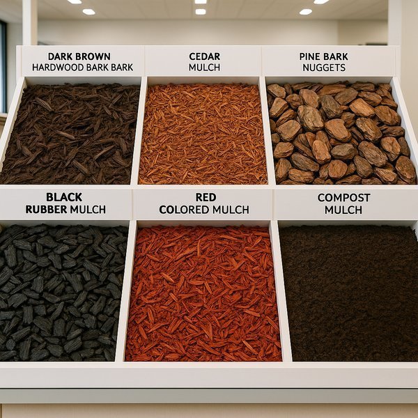 Comprehensive comparison of different mulch types showing organic and inorganic materials with coverage characteristics