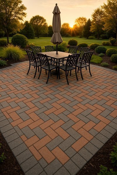 Beautiful multi-level paver patio with intricate patterns and professional installation