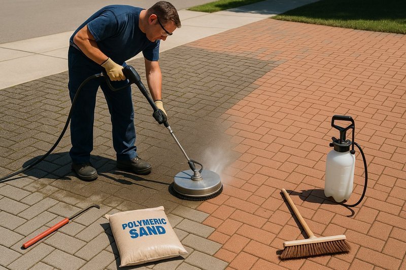 Before and after comparison of paver maintenance showing dramatic improvement