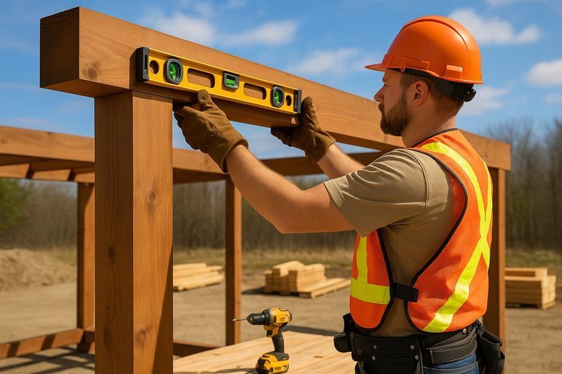 Professional installing pergola beams showing proper construction techniques
