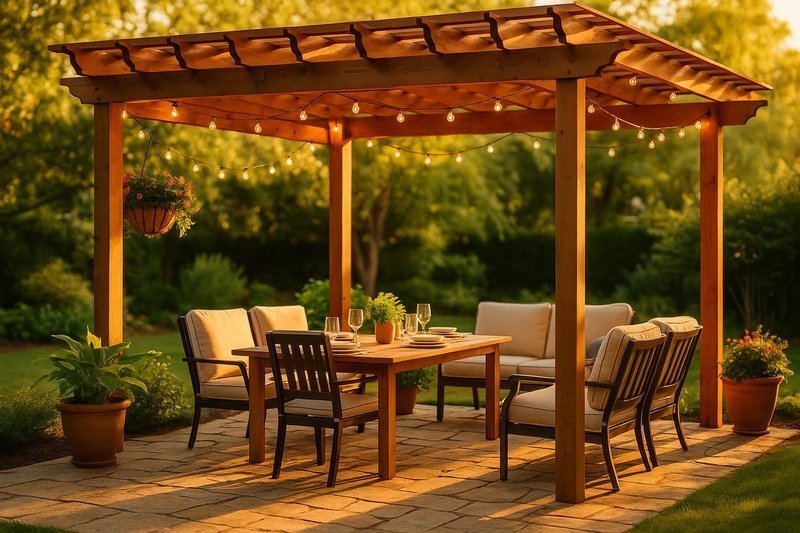 Beautiful cedar pergola over outdoor patio with comfortable seating and string lights