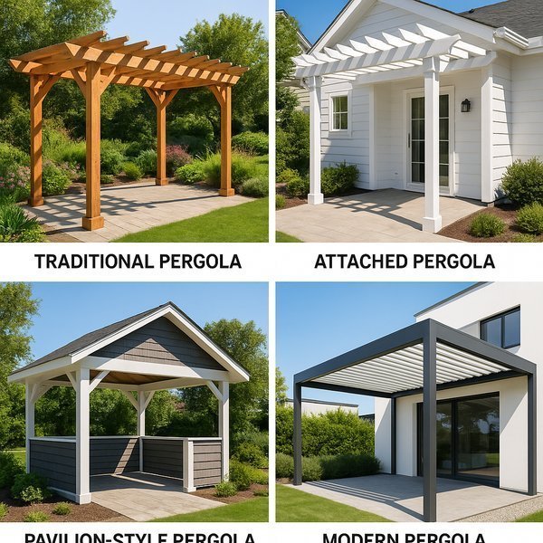 Comparison of pergola types including freestanding, attached, and pavilion styles