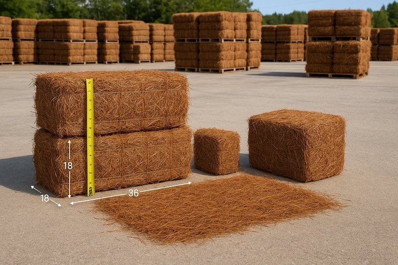 Pine straw bales ready for landscaping installation and distribution