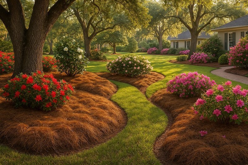Pine straw landscaping around home with professional mulching and garden design