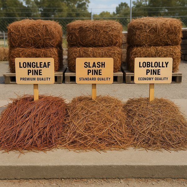 Different types of pine straw comparison showing longleaf, slash, and loblolly varieties