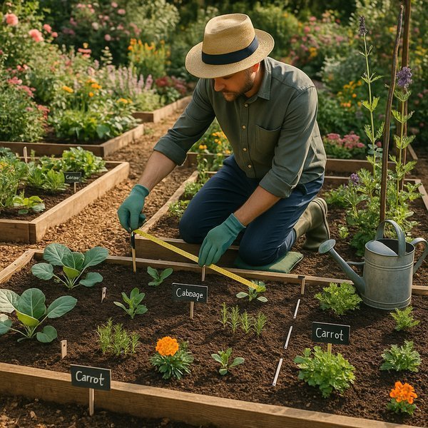 Plant spacing calculator hero image showing well-spaced garden layout