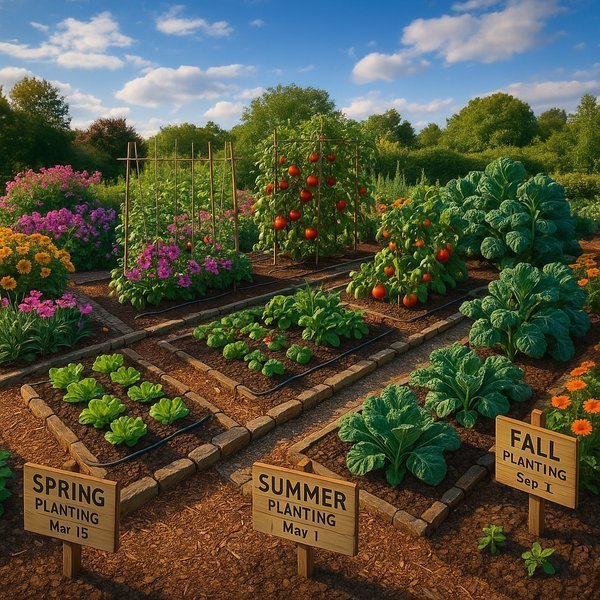 Flower bed layout showing proper spacing for mixed annual plantings