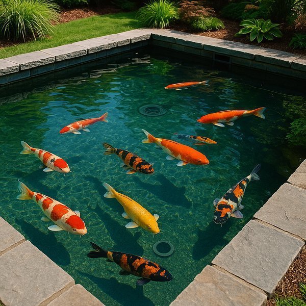 Cutaway view of koi pond showing proper fish stocking density across different depth zones