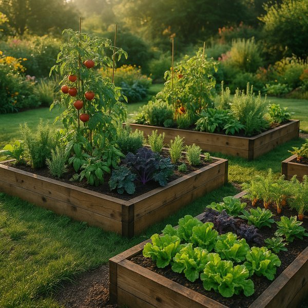 Multiple raised garden beds with vegetables in backyard setting with planning materials