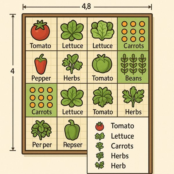 Aerial view of 4x8 raised bed with optimal vegetable spacing and plant markers