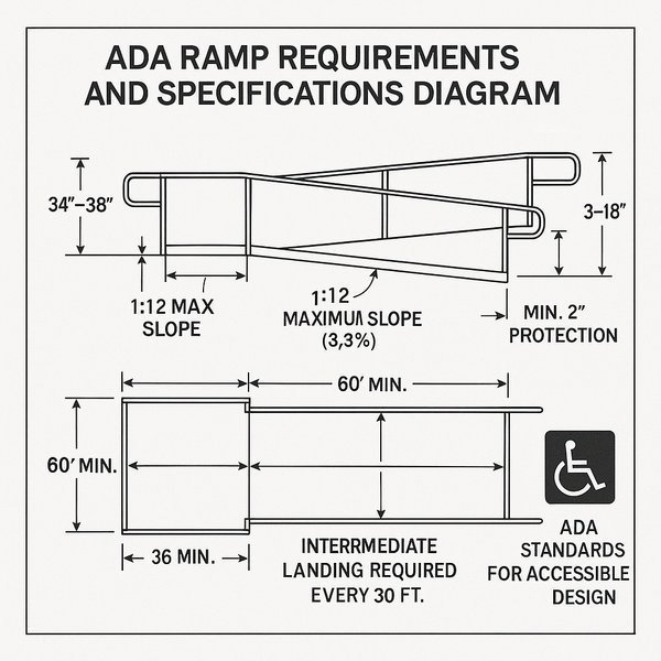 Detailed ADA ramp specifications diagram showing 1:12 slope ratio, handrail heights, and technical measurements