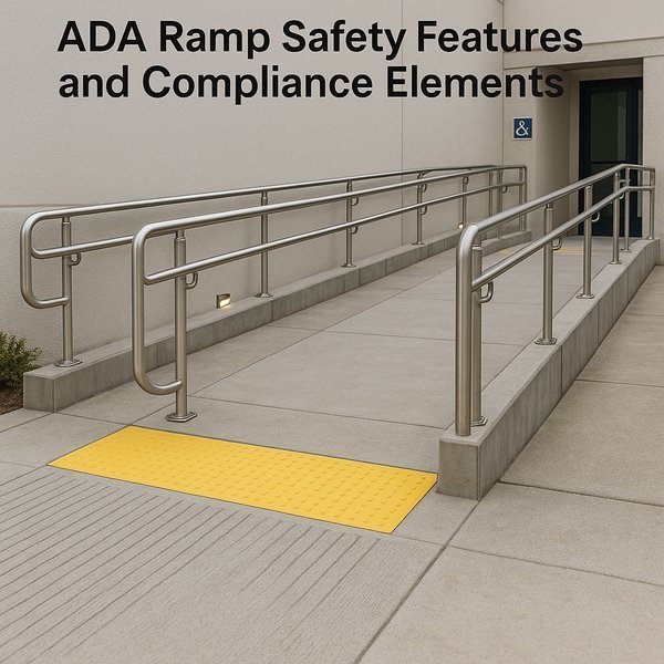 Comprehensive safety features of ADA-compliant ramp showing handrails, edge protection, and surface details