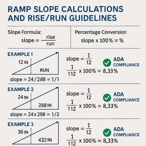 Step-by-step slope calculation infographic with formulas, conversion charts, and measurement examples