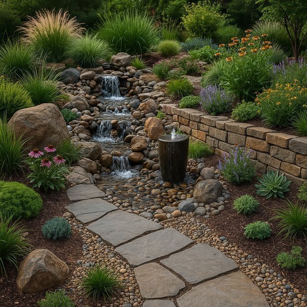 Technical diagram of drainage systems showing various rock applications including French drains and permeable paving installations