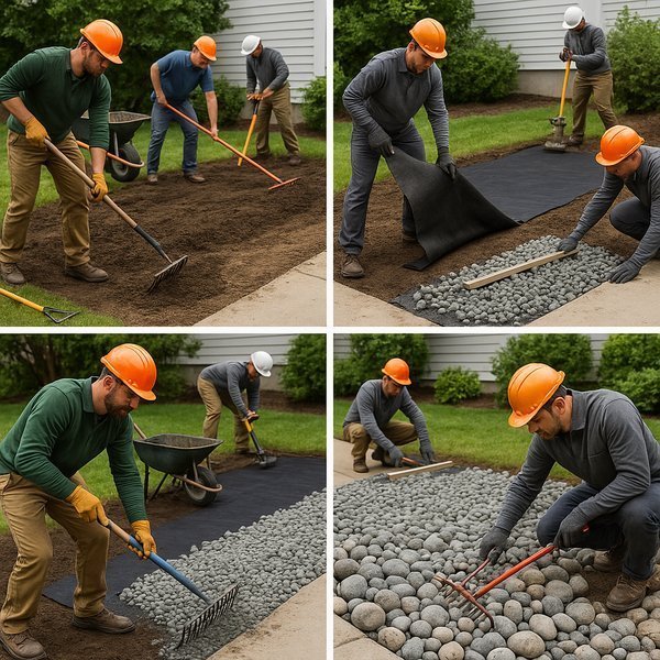 Cross-sectional diagram of professional rock installation showing proper layering, depths, and base preparation techniques