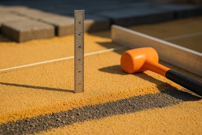 Professional sand installation showing proper depth measurement and compaction techniques