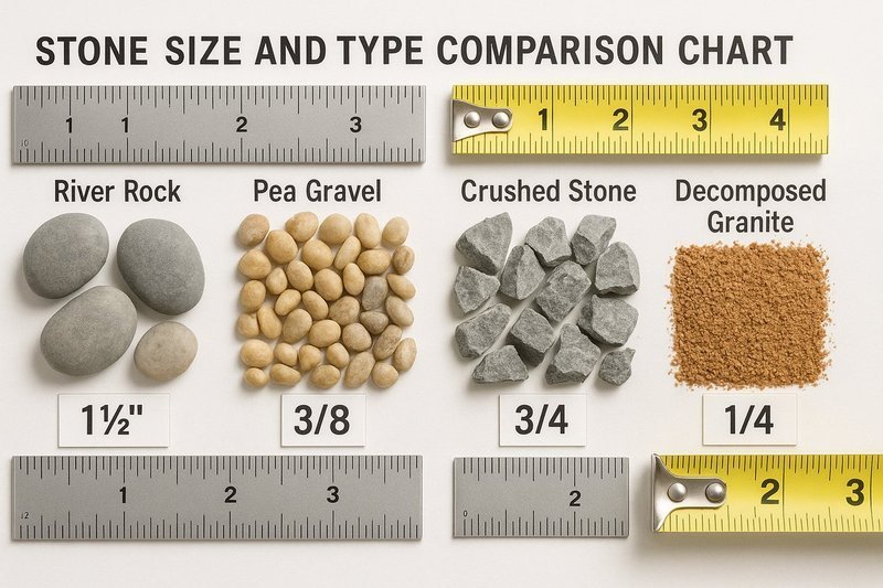 Professional stone size comparison chart showing different grades from dust to 3-inch stones