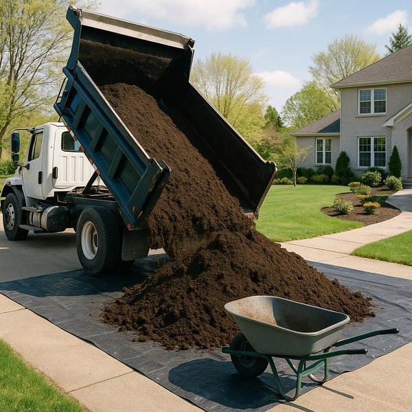 Professional truck delivering and spreading bulk topsoil at residential property