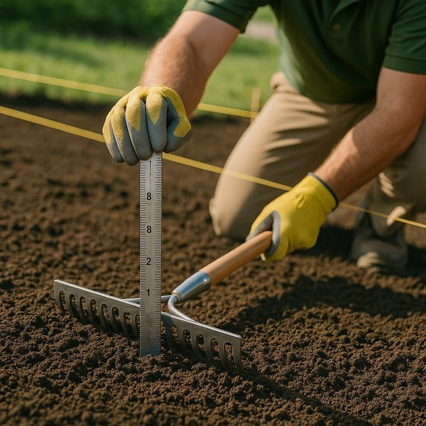Professional demonstration of proper topsoil spreading and depth measurement techniques
