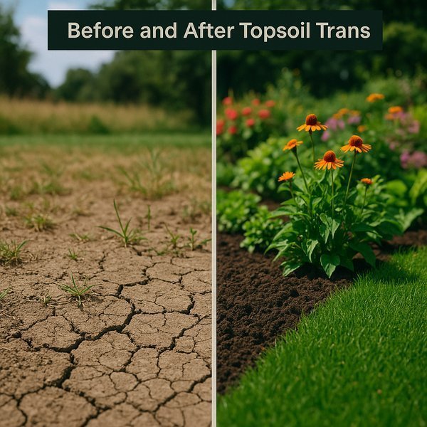 Before and after transformation showing dramatic improvement from proper topsoil application