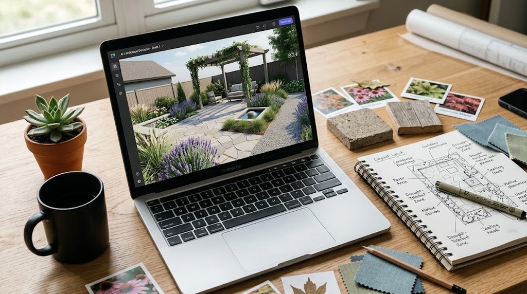 Homeowner reviewing multiple AI-generated yard concepts to compare layout and planting direction