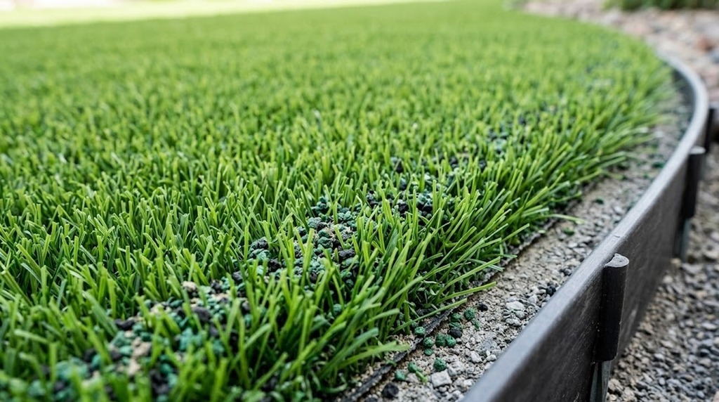 Close-up of artificial grass installation showing turf fibers, infill material, and border edging detail