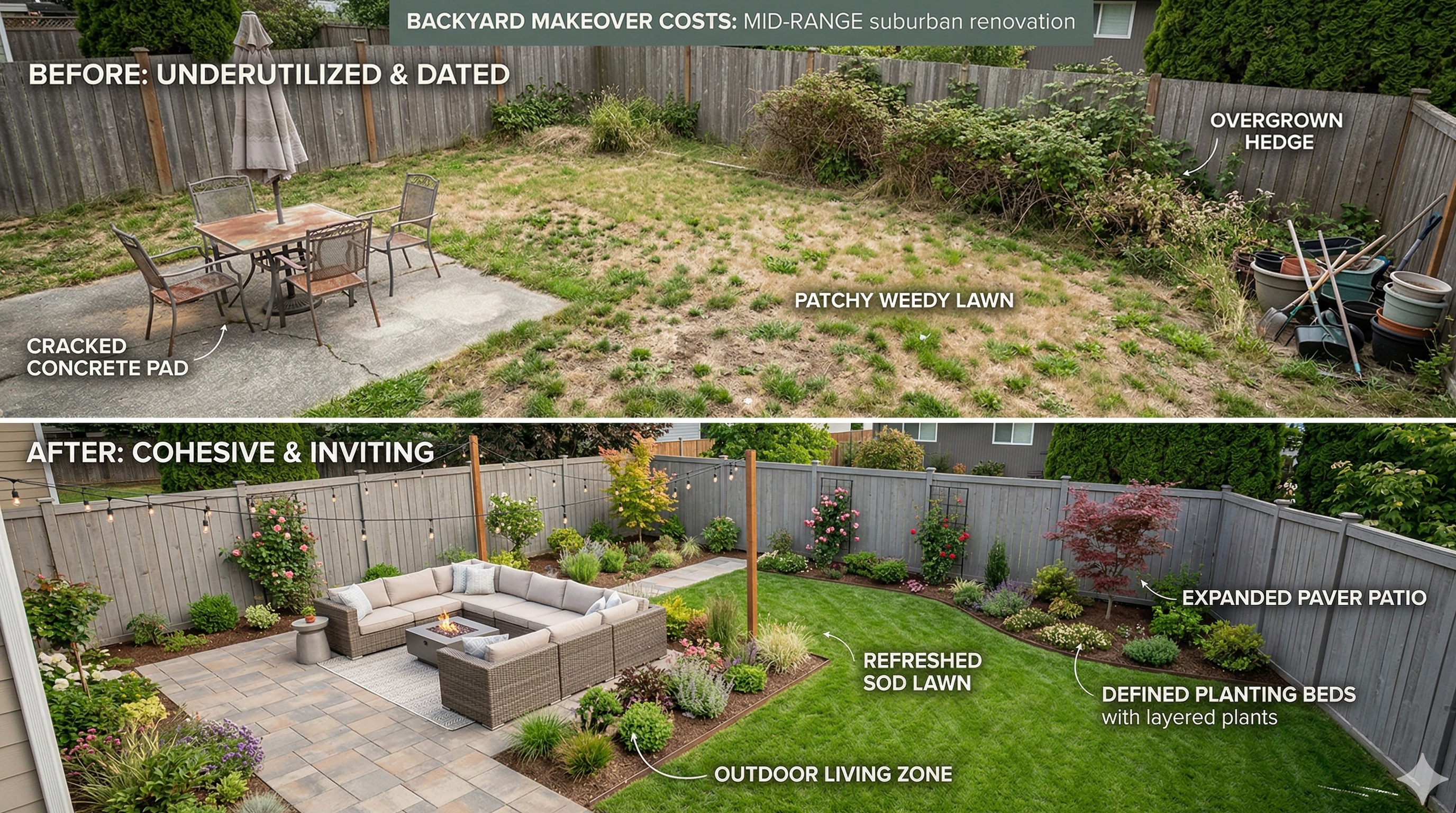 Before-and-after style backyard comparison showing how higher-budget projects usually combine hardscape, structure, planting, and lighting in one coordinated phase