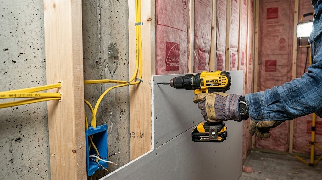 Basement mid-renovation showing exposed framing alongside newly drywalled sections with recessed lighting