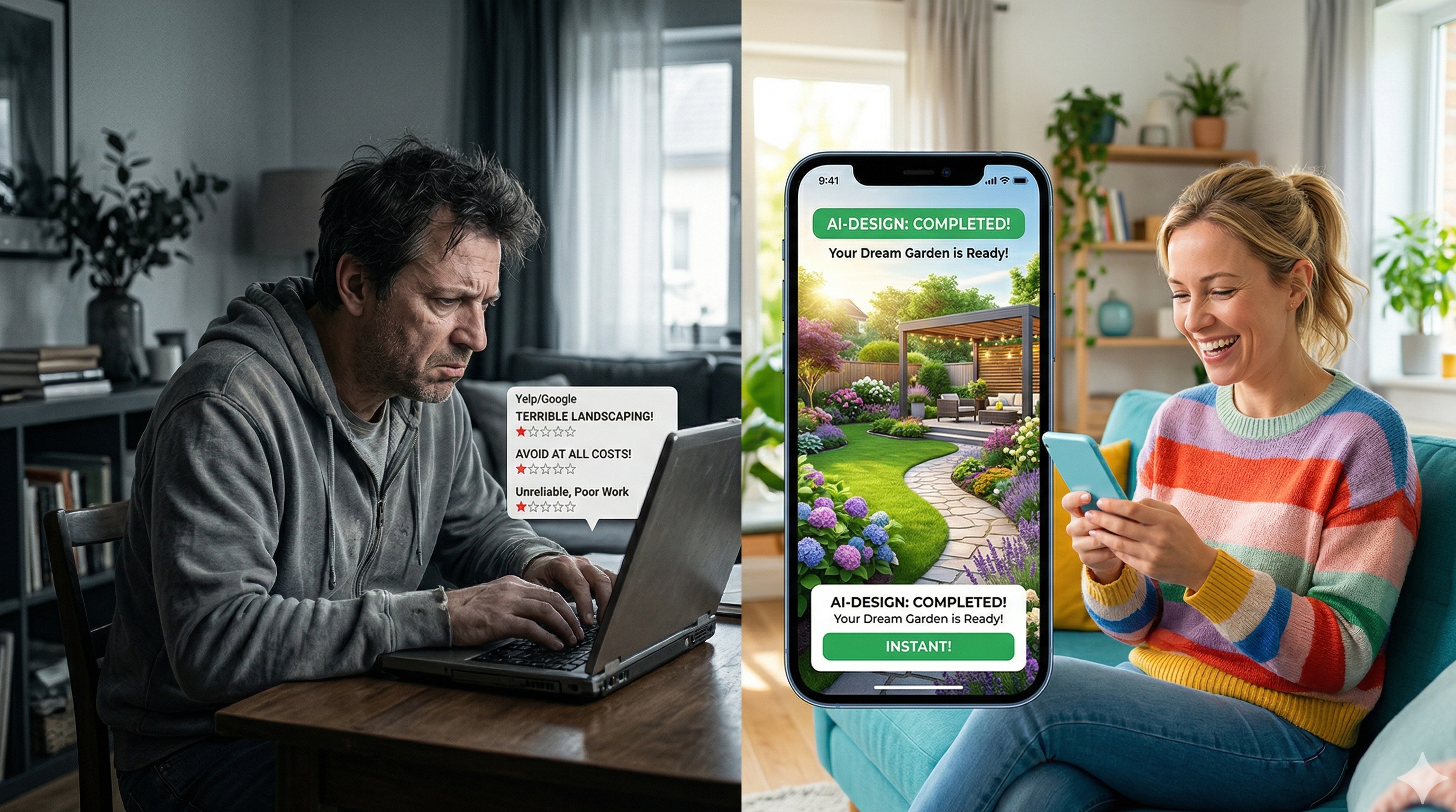 A premium backyard-style scene with inset planning concepts, illustrating the difference between guided design packages and AI-first alternatives to ShrubHub.