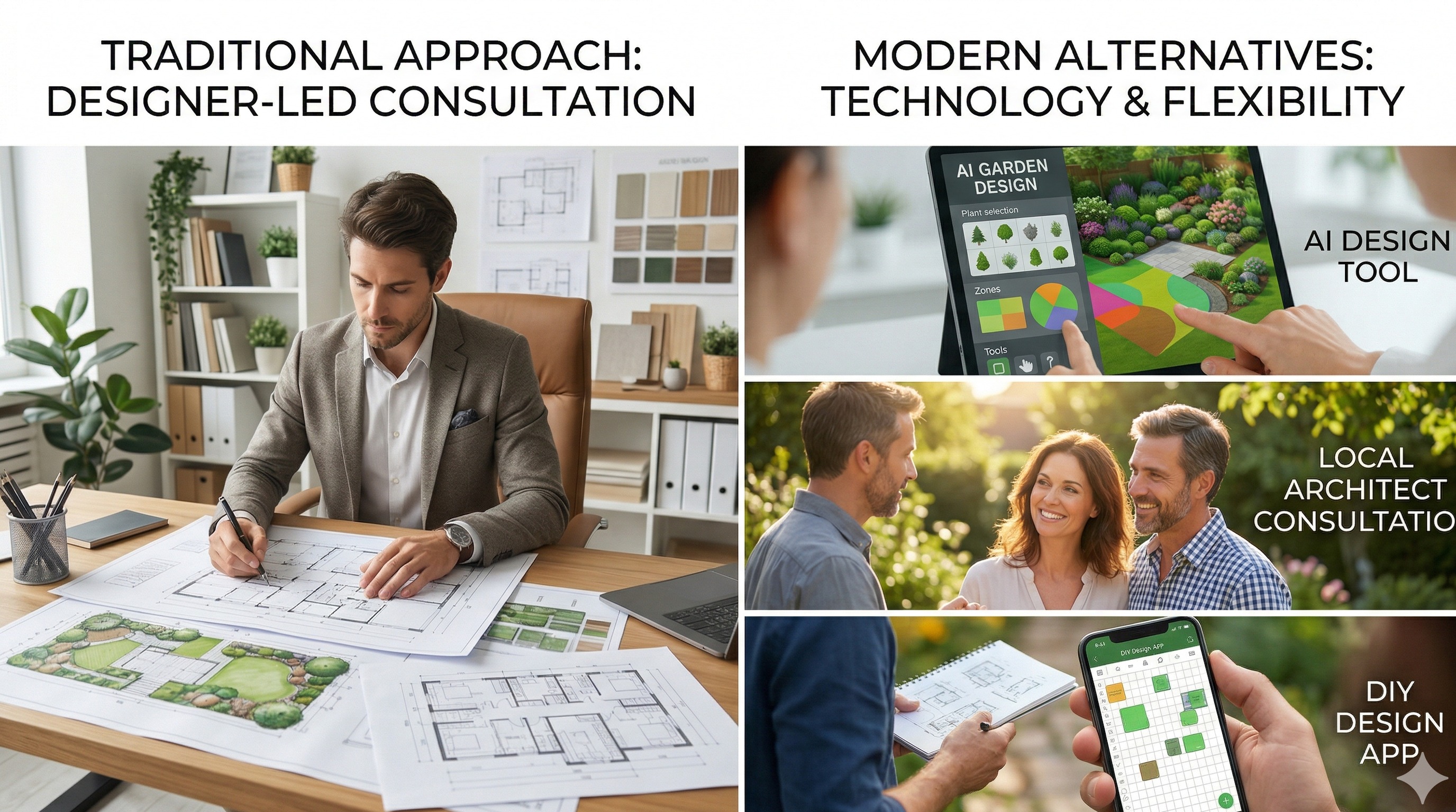 A visual comparison of AI-first yard planning, guided remote design packages, and flexible homeowner paths that can serve as alternatives to ShrubHub.