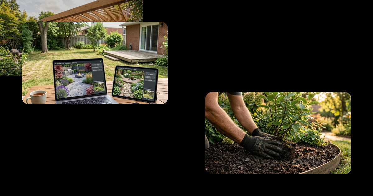 Premium backyard inspiration with inset visuals representing AI-first concepting and more hands-on homeowner alternatives to Yardzen.