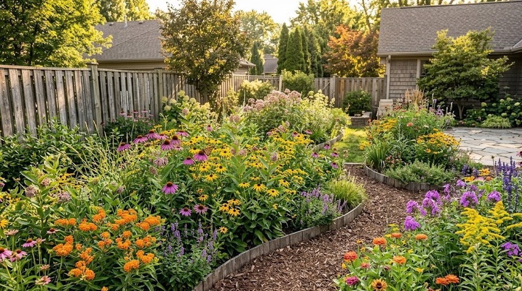 Wide backyard butterfly and pollinator garden with curved borders, mulched pathways, and layered flowering plants