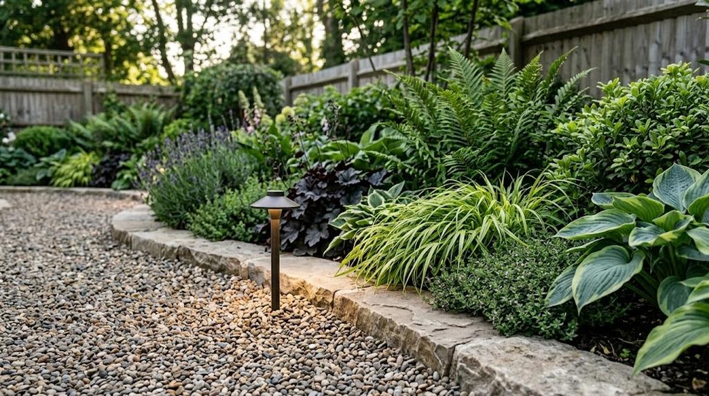 Native-plant border with layered grasses, perennials, and a simple path