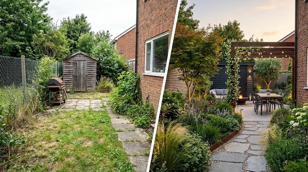 Outdoor seating nook framed by gravel, structured planting, and warm-toned containers