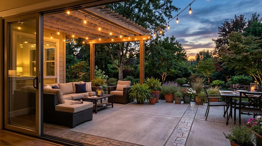 Stamped concrete patio detail with clean control joints and seating area