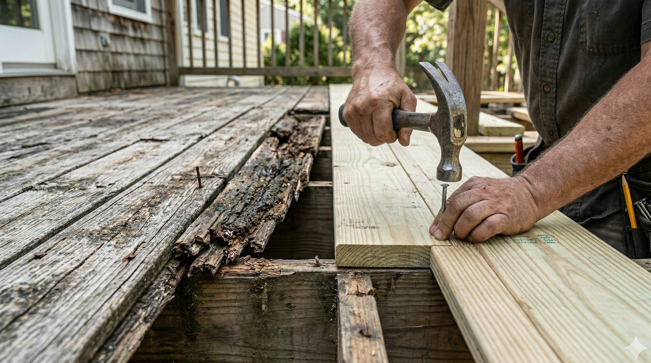 Close-up of rotted deck board being replaced with fresh pressure-treated lumber