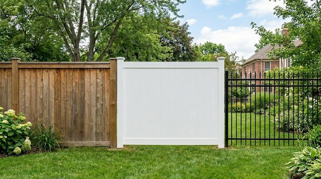Fence line with gravel border and gate hardware in a finished backyard