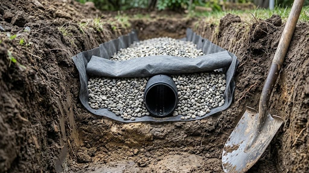 French drain trench with gravel and perforated pipe