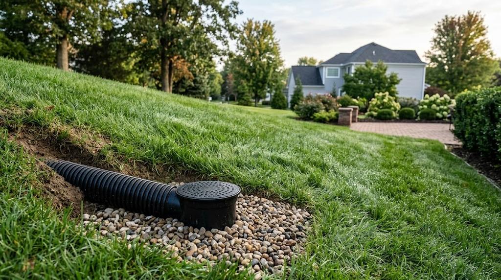 Completed french drain system with landscape restoration