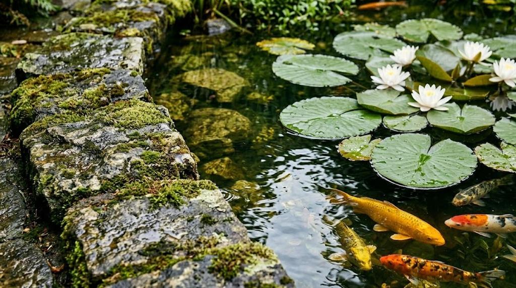 Backyard garden pond with natural stone edging, water lilies, and a small waterfall cascading into clear water
