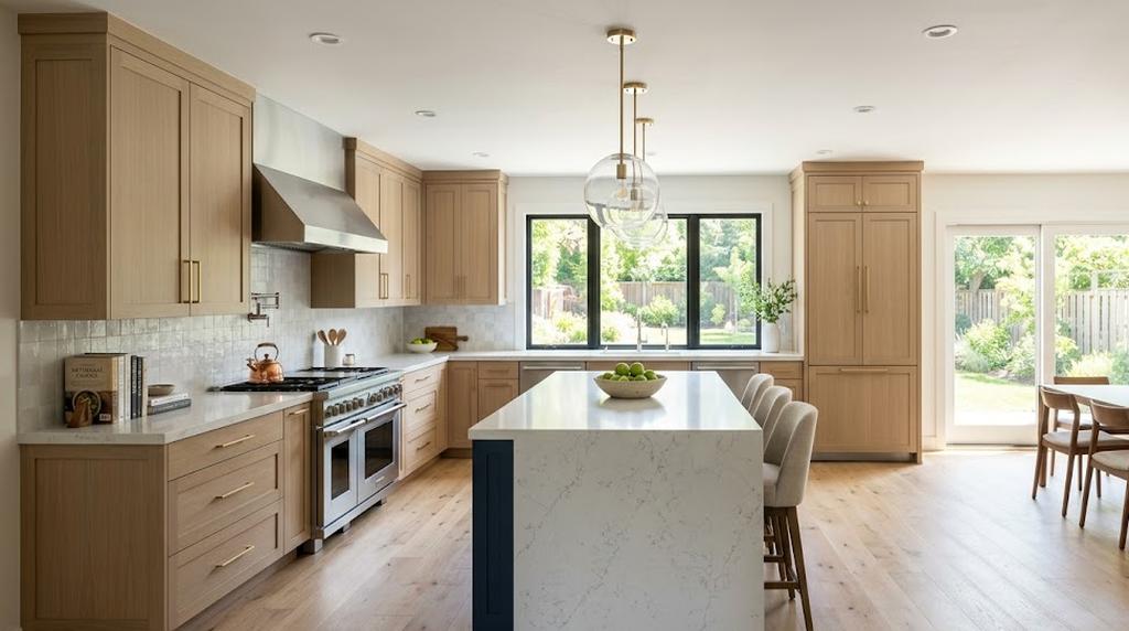 Modern kitchen under renovation with new cabinets and counters