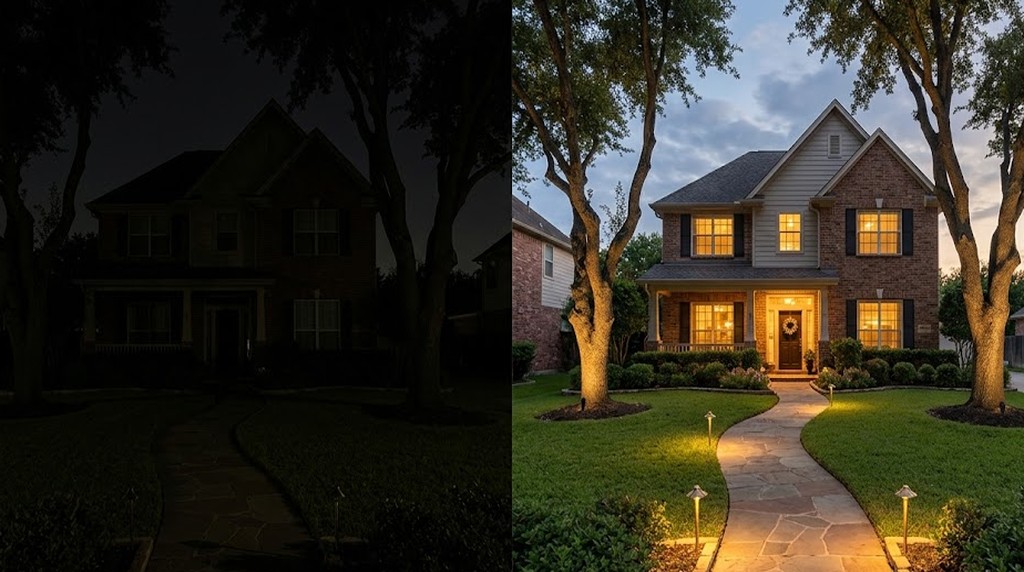 Side-by-side comparison showing a front yard without landscape lighting versus the same yard with warm path lights and tree uplighting installed