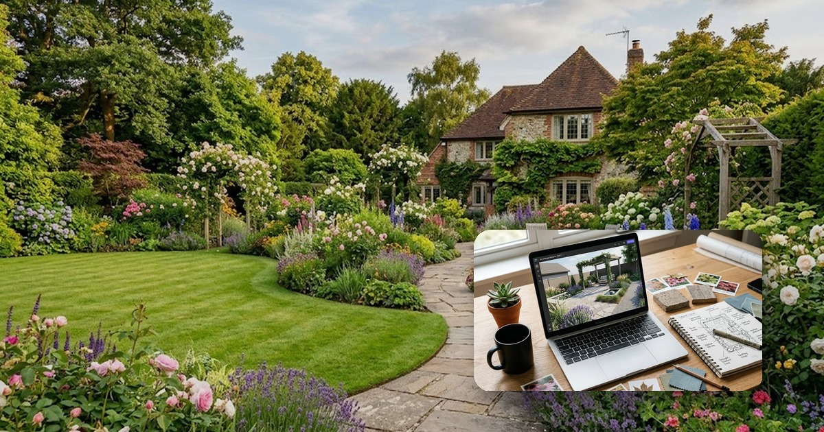 AI-first landscape planning contrasted with a polished service-style backyard design outcome.