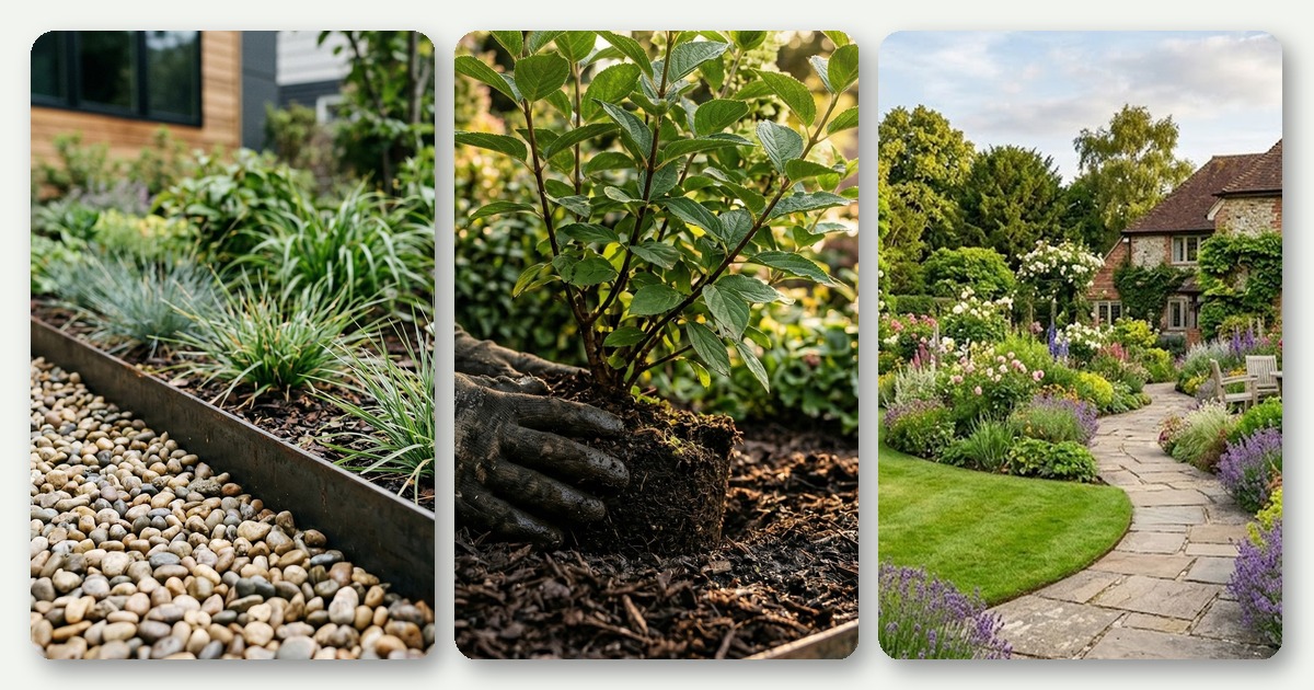 Landscape planning materials, finished backyard inspiration, and planting detail visuals that reflect the tradeoff between AI-first exploration and service-style design packages.