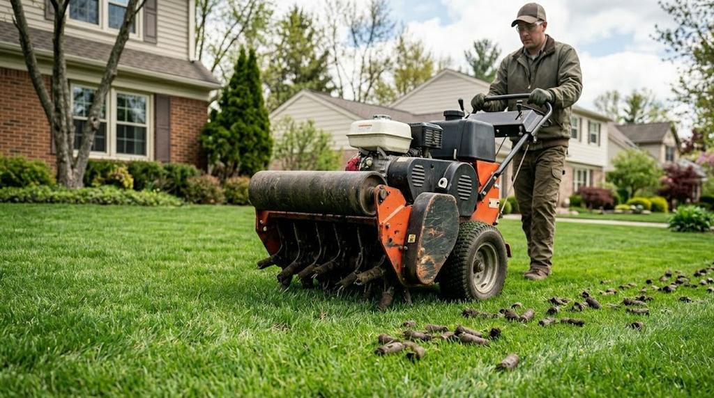 Close-up of lawn plugs, soil texture, and overseeding prep