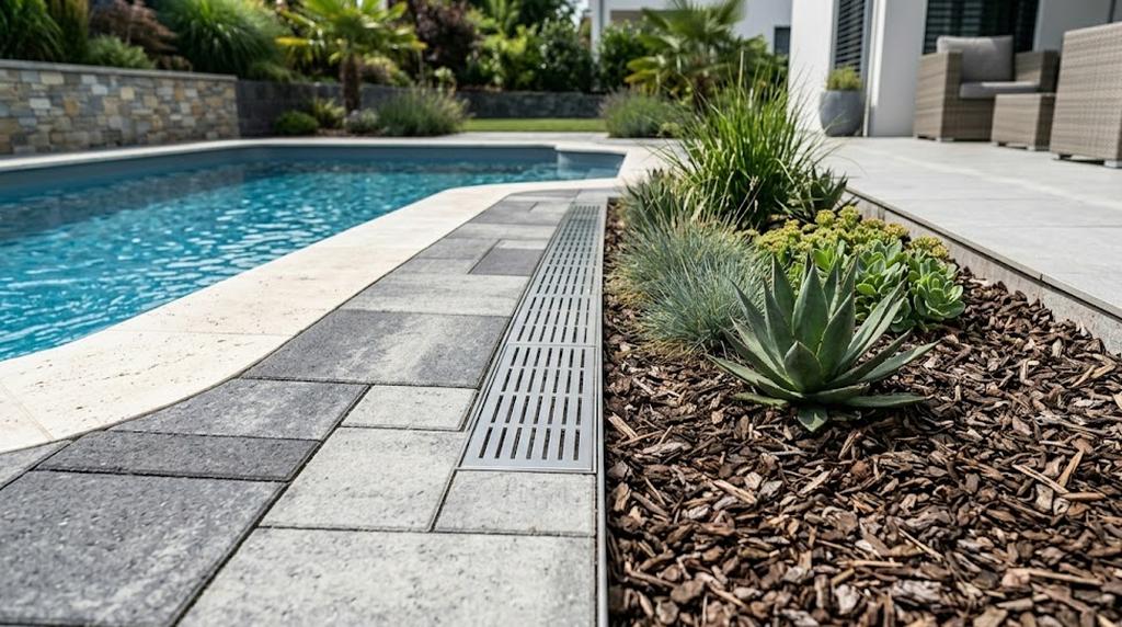 Pool patio with wide paver surround and layered planting beds